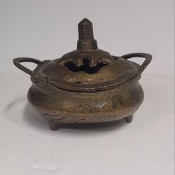 Vintage Antique Chinese Brass Tripod Incense Burner With Lid 