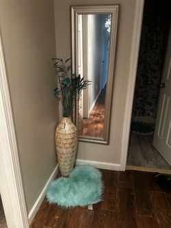 Large Decorative Wall Mirror + Floor Vase & Faux Plant