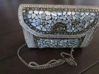 New - Vintage Mother of Pearl Mosaic Evening Clutch Purse with Chain Strap
