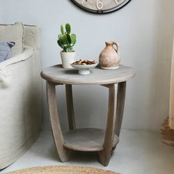 Rustic Farmhouse End Table with Storage Shelf, French Country Accent Side Table for Family, Dining or Living Room, Small Spaces, Modern, Round, Vintag