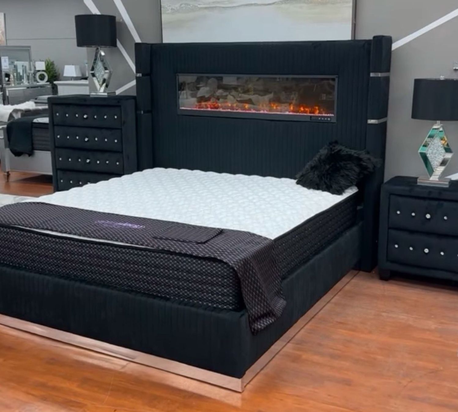 Velvet Black Fire Place Headboard Bed
