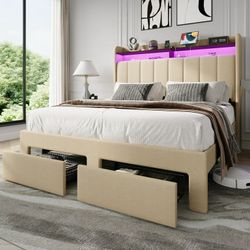 Queen Size Platform Bed Frame with 2-Tier LED Storage Fabric Wingback Headboard & 2 Storage Drawers, USB & Type-C Charging Ports, Beige