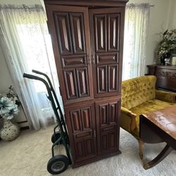 Vintage Armoire Dresser Wardrobe Wooden Brown Tall Solid Heavy Drawers And Doors 
