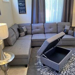 Gray Linen Sectional Couch And Storage Ottoman