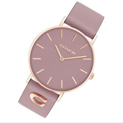 COACH PURPLE LEATHER STRAP WATCH 36MM "PERRY" ROSE GOLD PLATED STEEL
