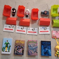 9- Ornaments- Harry Potter Books 1, 3, &5; NBC, Strawberry Shortcake Universe, Elf, & Spider-Man Universe