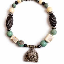 Vintage Ethnic Necklace – Turquoise, Bone & Horn Beads w/ Ethiopian Silver Pendant