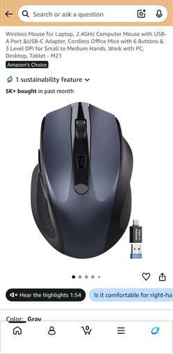 Wireless Mouse for Laptop, 2.4GHz Computer Mouse with USB-A Port &USB-C Adapter, Cordless Office Mice with 6 Buttons & 3 Level DPI for Small to Medium