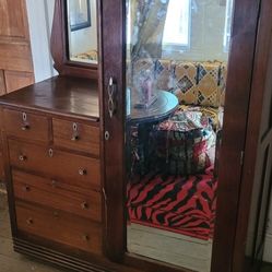 Walnut Art Deco Armoire Dresser with Mirror - Vintage Bedroom Furniture