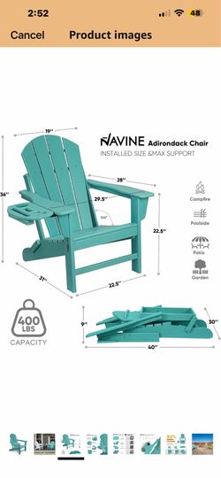NAVINE Folding Adirondack Chair with Cup Holder, Fire Pit Chair, Lake Blue Outdoor Chairs with Multifunctional Cup Holder, Wide Seat, All-Weather HDPE