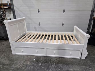 White Wood Twin Sleigh Bed with Storage Drawers
