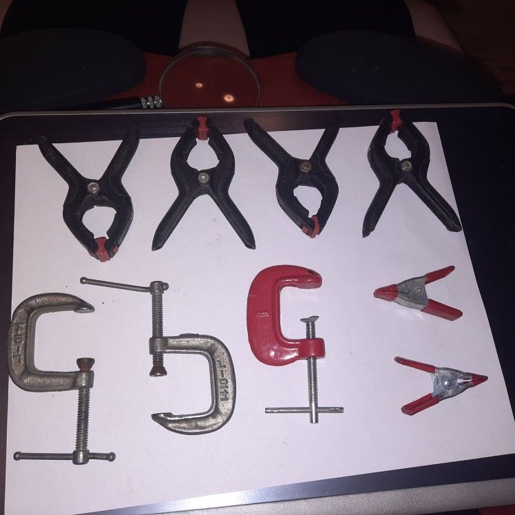 Small Clamp Bundle. 9 Pieces. 3 Each 1" C Clamps. 4 Each Pinch Clamps. 2 Each Smaller Pinch Clamps.