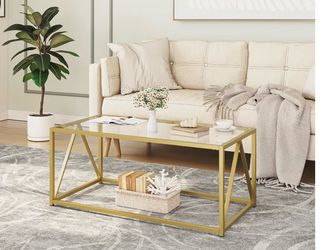 HOOBRO Glass Coffee Table, Gold Coffee Tables for Living Room, Gold Glass Coffee Table,1 Layer Center Table, Modern, for Apartment, Office, 39.4 x 19.