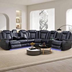 Power Electric Black Leather Fully Reclining Sectional Couch 