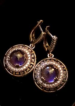 Antique Greek Meander Design Amethyst Topaz Round Drop Dangle Earrings m