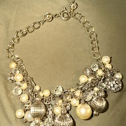Vintage Style Chunky Gold Tone Charm Necklace with Faux Pearls & Crystals