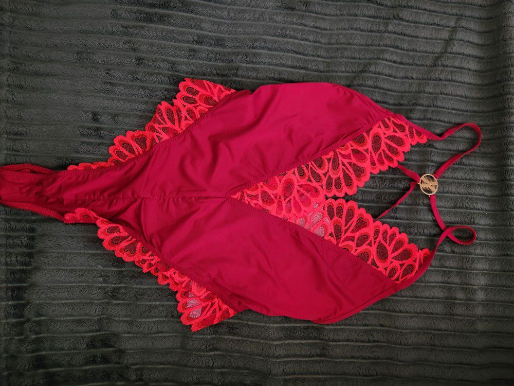 Savage X Fenty Sorry Not Sorry Lace Teddy Red, Size Small
