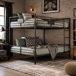 INDUSTRIAL ANTIQUE BLACK FINISH QUEEN OVER QUEEN SIZE BUNK BED FRAME LITERALLY CAMA BUNKBED 4TH FURNITURE SALE 