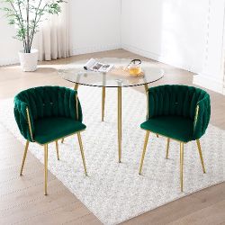 【Free shipping】Modern Velvet Dining Chairs Set of 2, Upholstered Woven Dining Chair with Golden Metal Legs, Upholstered Dining Chairs 