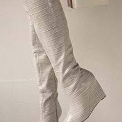 Over the Knee Boots Wedge Heel Pointed Toe Thigh High Booties with Side Zipper Comfortable Thick High Heel Trendy Ladies Prom Club Long Boots 