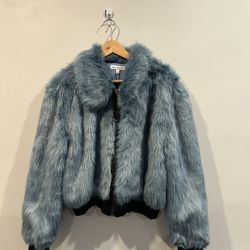 Express x Negin Mirsalehi Faux Fur Bomber Jacket Blue L NWT