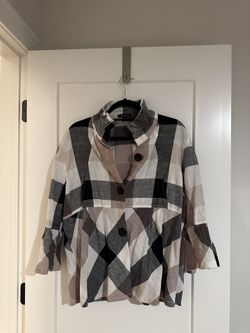 Damee 2X Black/Tan/White Plaid Wire Collar 3/4 Sleeve Polyester Shirt Jacket