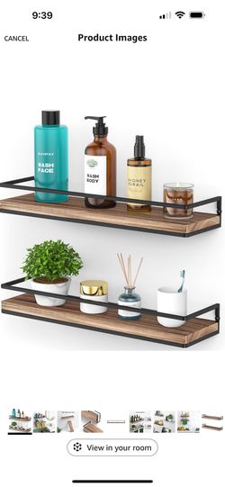 Meangood Floating Shelves Wall Mounted Set of 2, Rustic Wood Wall Storage Shelves for Bedroom,Living Room,Bathroom, Kitchen Torched Wood