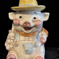 Vintage Farmer Pig with Rabbit Cookie Jar