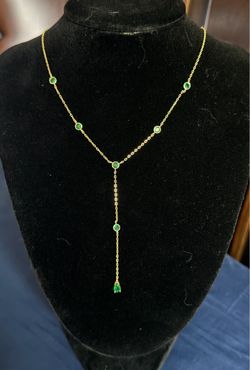 Gold Lariat Necklace with Green Stones