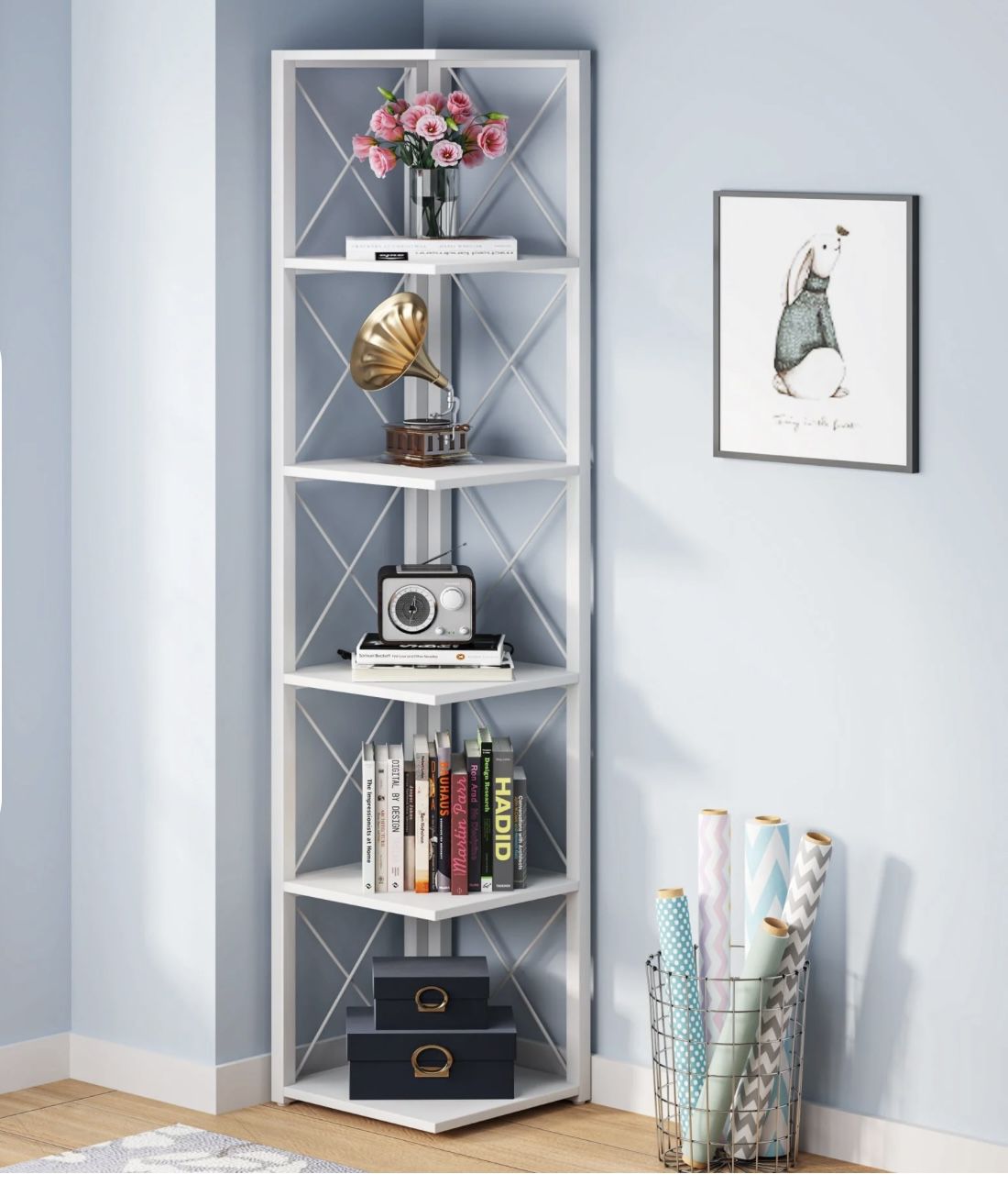 F1851 6-Tier Corner Shelf, 70.86" Corner Bookshelf Storage Etagere Bookcase