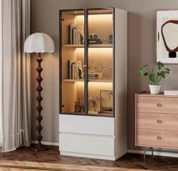 Modern Lighted Glass Display Cabinet with Two Drawers, Dining China Hutch with 3 Tiers Storage Shelves, Wooden Curio Display Showcase for Living Room 