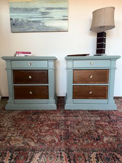 Stunning Refinished Nightstand Set — Sage Green, Wood, Brass