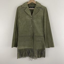 ARTURO Vintage 90s Army Green Suede Leather Grunge Fringe Hem Button Up Jacket