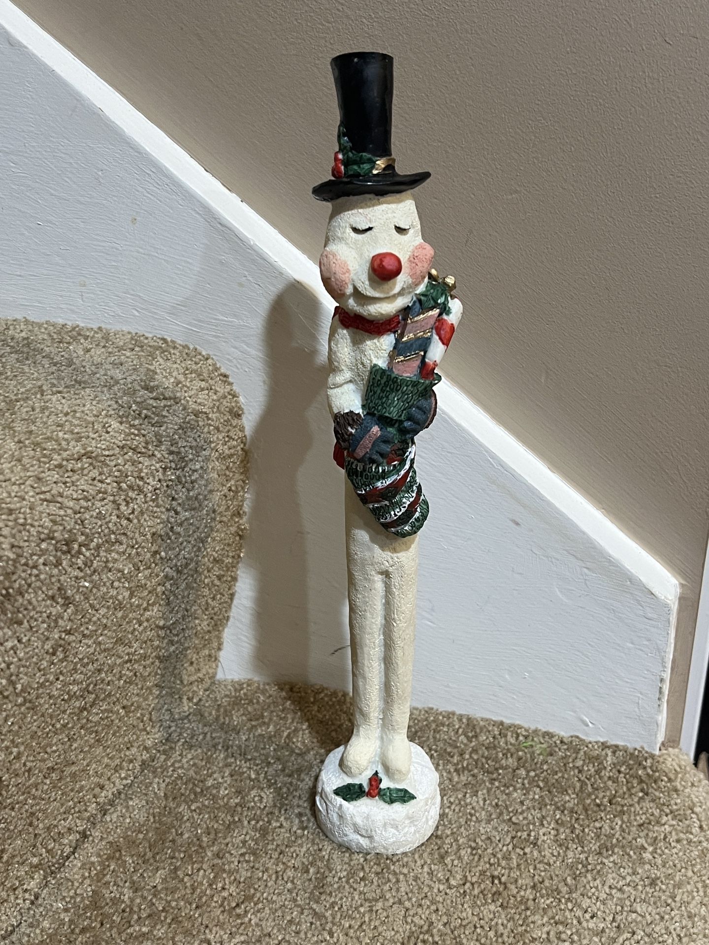 Christmas skinny Snowman Frosty figure Resin holding stocking 12” tall decor