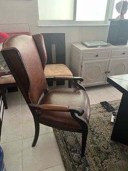 Brown Leather Wingback Armchair with Nailhead Trim