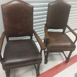 Vintage Antique Leather And Wood Arm Chairs