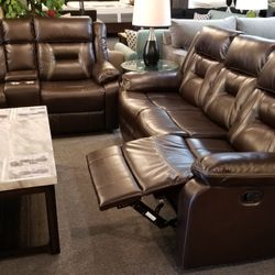 Brand New Brown Leather Gel Manual Reclining Sofa + Loveseat 2PCs Set