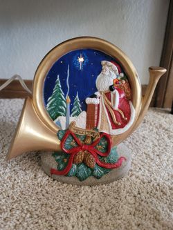 Vintage Christmas Ceramic Believe Santa Claus French Horn Night Sky Can Light Up