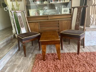 2 Excellent Condition Vintage Mid-Century Modern Upholstered Chairs With Intricately Carved Backs.