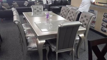 New 7 Piece Grey Formal Dining Set with Button Tufted Chairs - NO CREDIT CHECK FINANCING