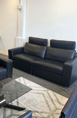 Black Leather Sofa with Adjustable Headrests