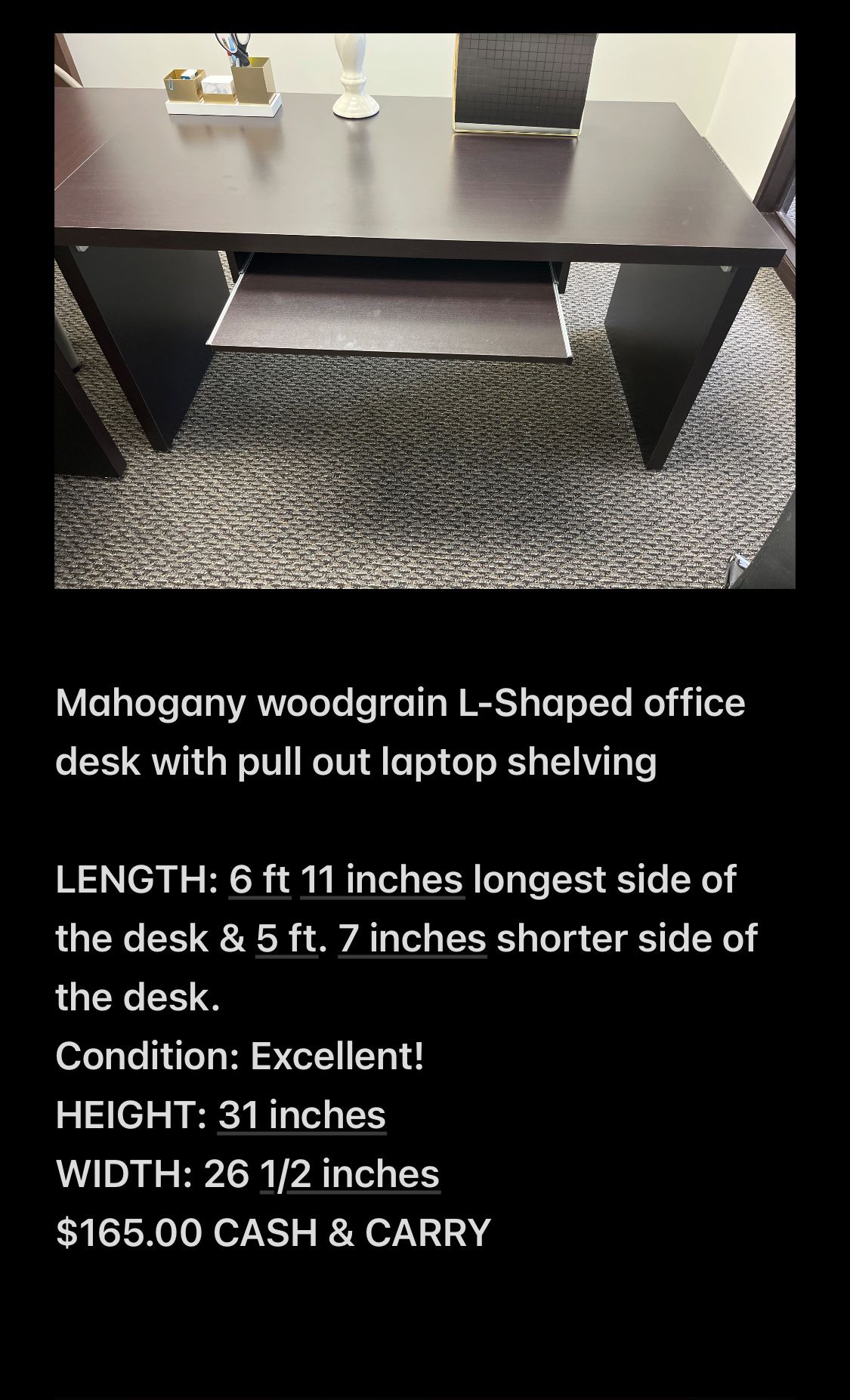 Mahogany woodgrain L-Shaped office desk with pull out laptop Shelve