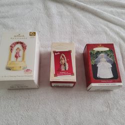 Three Barbie Hallmark Ornaments, New In Box- Wedding Day Barbie (1997), Rapunzel, & The 12 Dancing Princesses