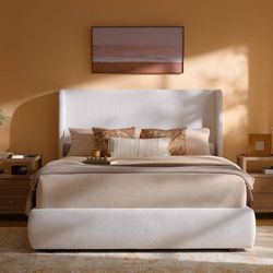 King Size Upholstered Wingback Bed Frame, 52” Tall Cushioned Headboard, Soft Edges, Low Profile Platform Bed, Sturdy Wood Slats, No Box Spring Needed,