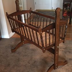 Vintage Jenny Lind Style Wooden Baby Cradle / Bassinet / With Bedding