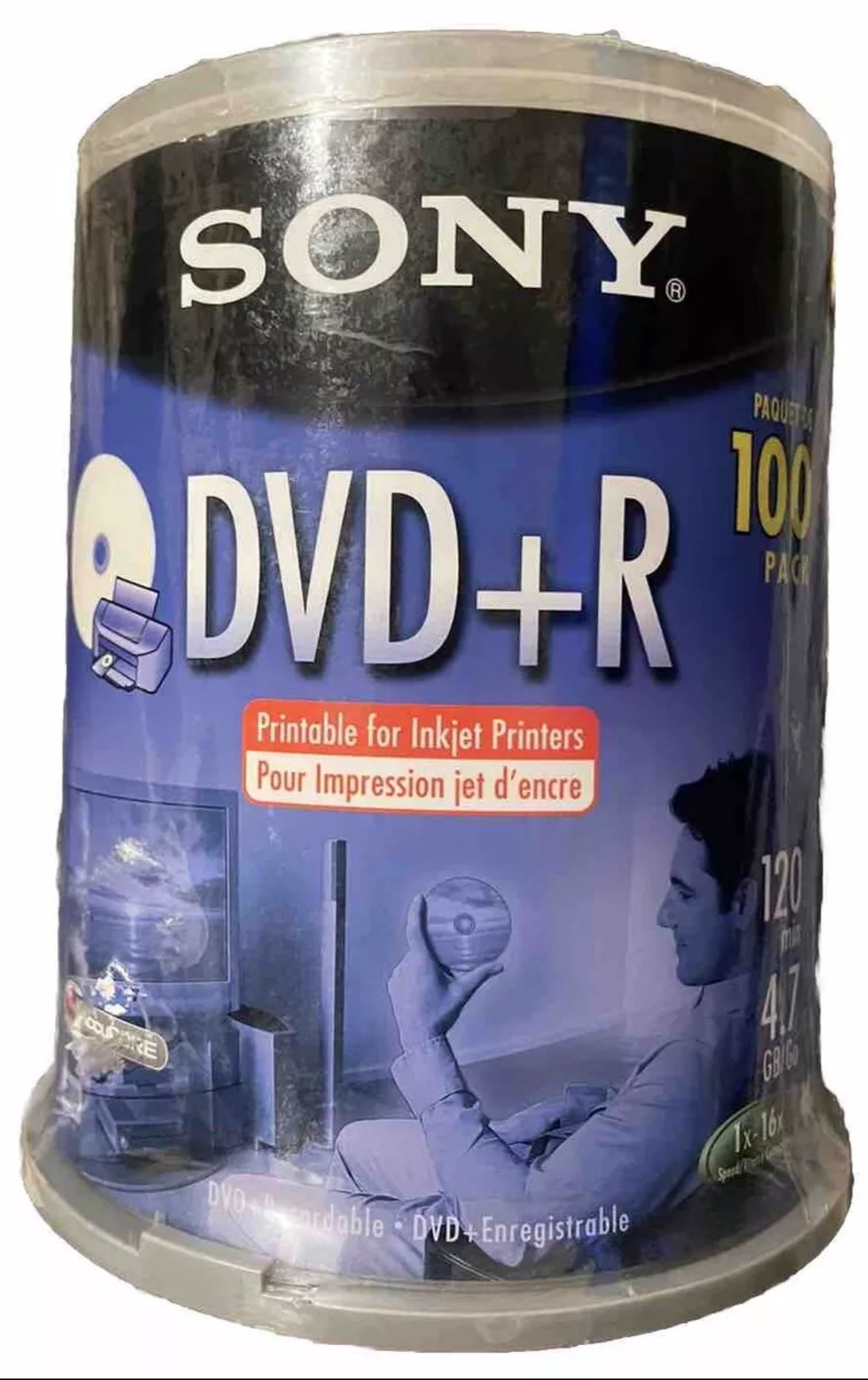 NEW 100PK Sony DVD+R 4.7GB 120min 1-16X Recordable Blank Video Discs