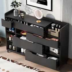 57.1 in. W x 13.1 in. D x 39.3 in. H Black 7-Shelf Shoe Cabinet Linen Cabinet with Drawers and Shelves