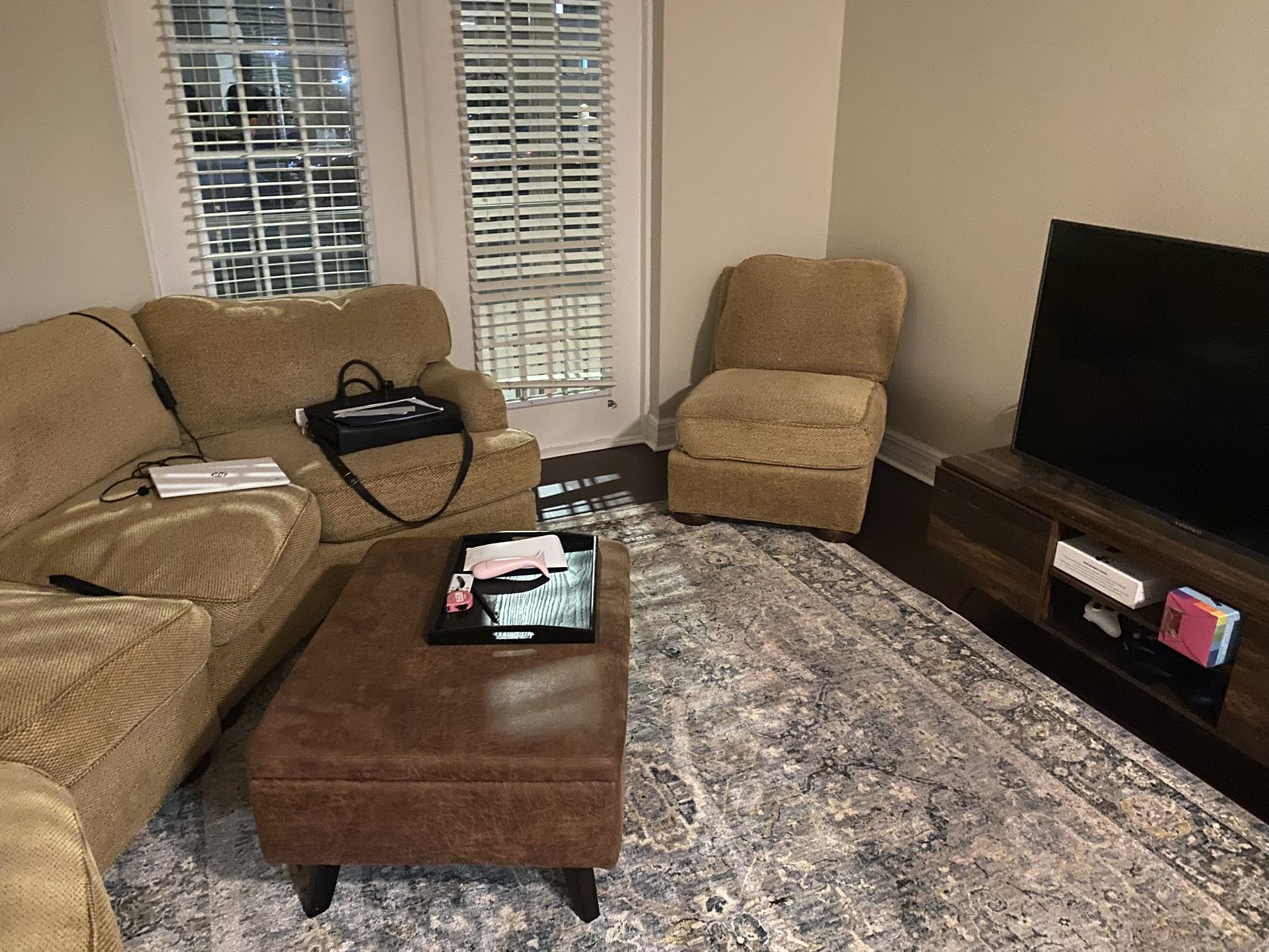 Large Couch, Ottoman, Tv Stand, Tv, Rug