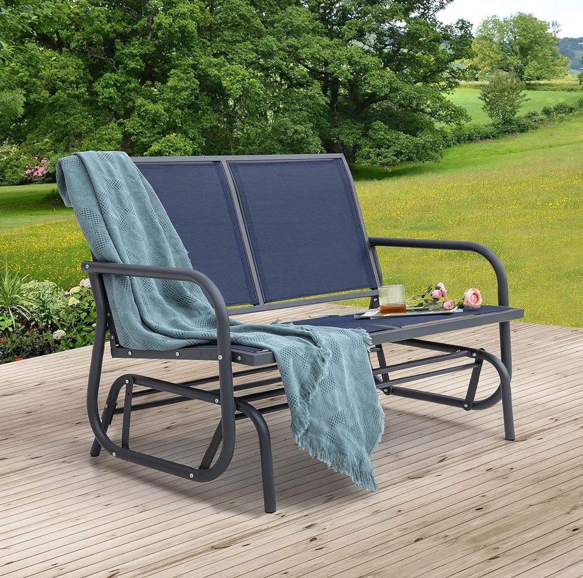 2 Person Patio Glider, Outdoor Glider Bench Patio Double Swing Rocking Chair Loveseat w/Power Coated Steel Frame and Breathable Seat Fabric,Blue