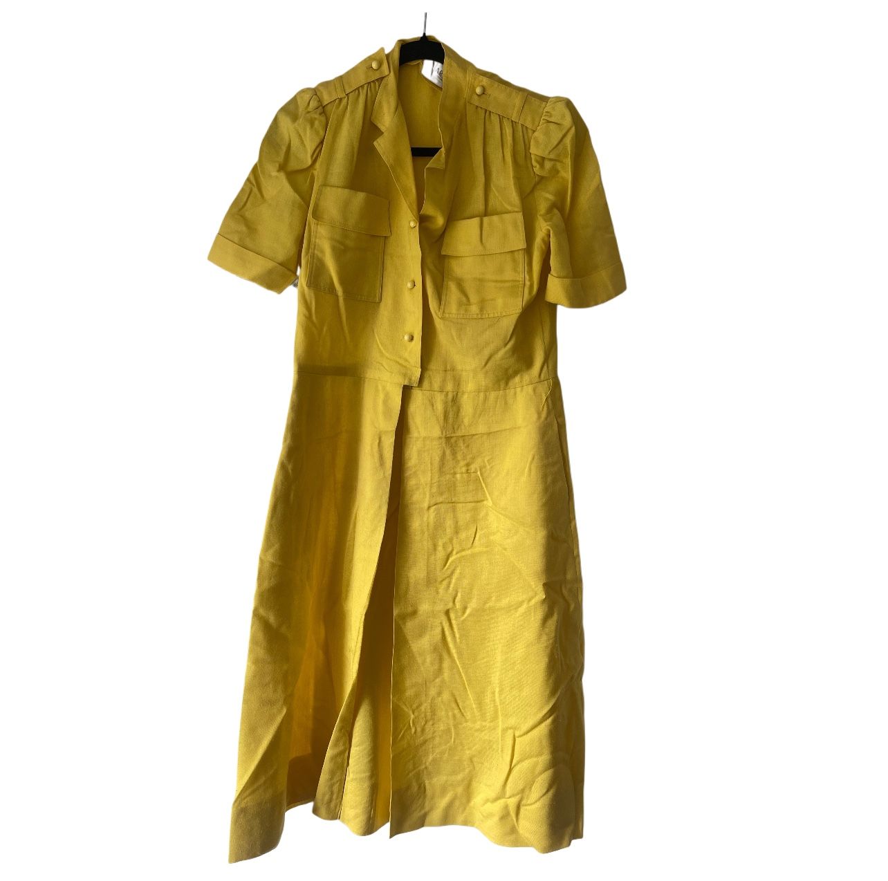 Vintage 70s Nardis of Dallas yellow Abstract Polyester Safari MIDI front Pocket Dress Sz 8 women’s Dimensions Length 40” Pit to pit 19.5” across